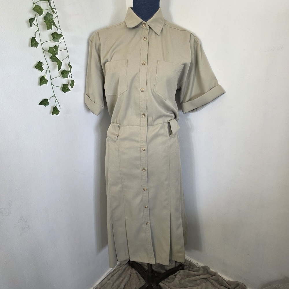 Vintage Kasper For ASL Khaki Button Down Shirt Dress
